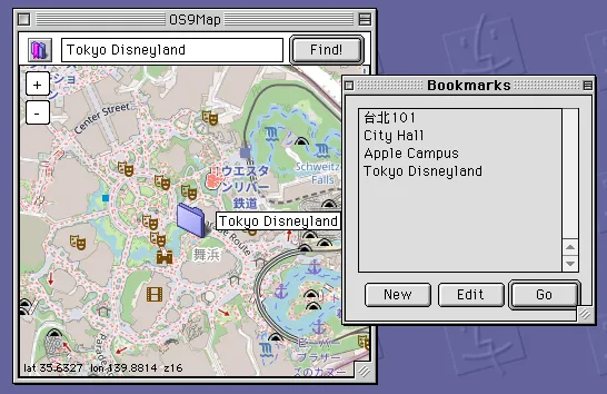 A downtown street map shown in OS9Map